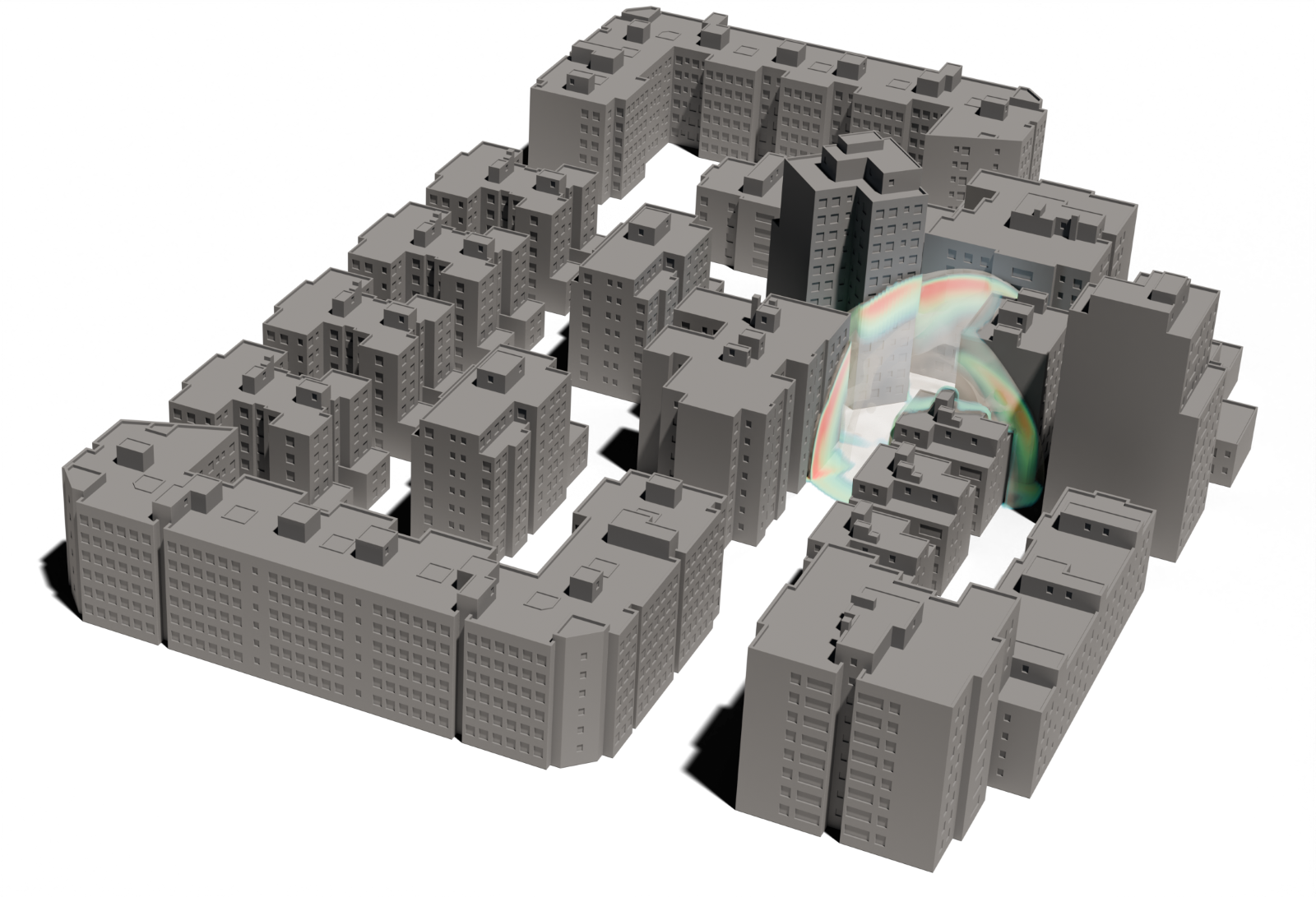 Blast wave propagation simulation in a complex urban environment geometry.